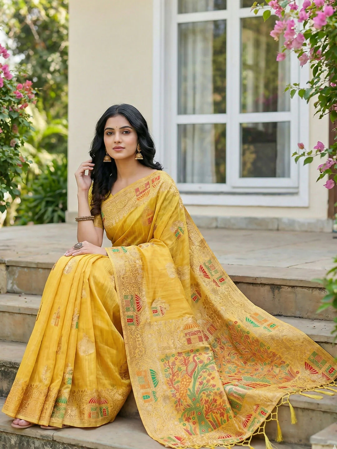 Astita Yellow Linen Cotton Saree - Image 4