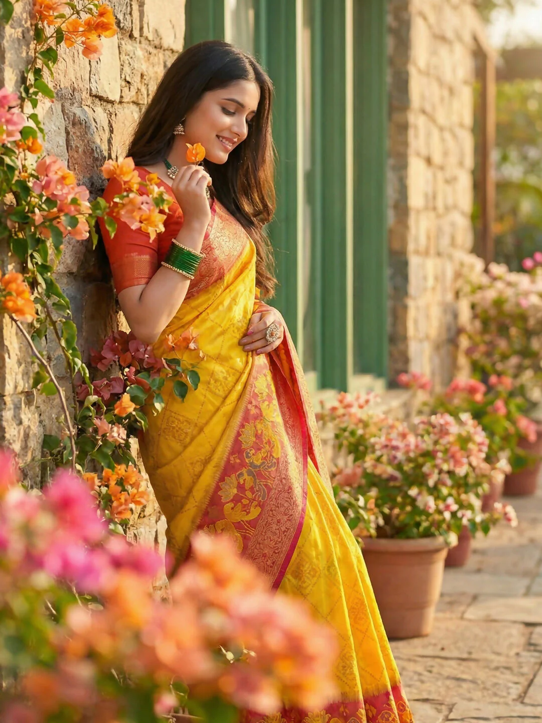 Astita Yellow Pochampally Silk Saree - Image 2