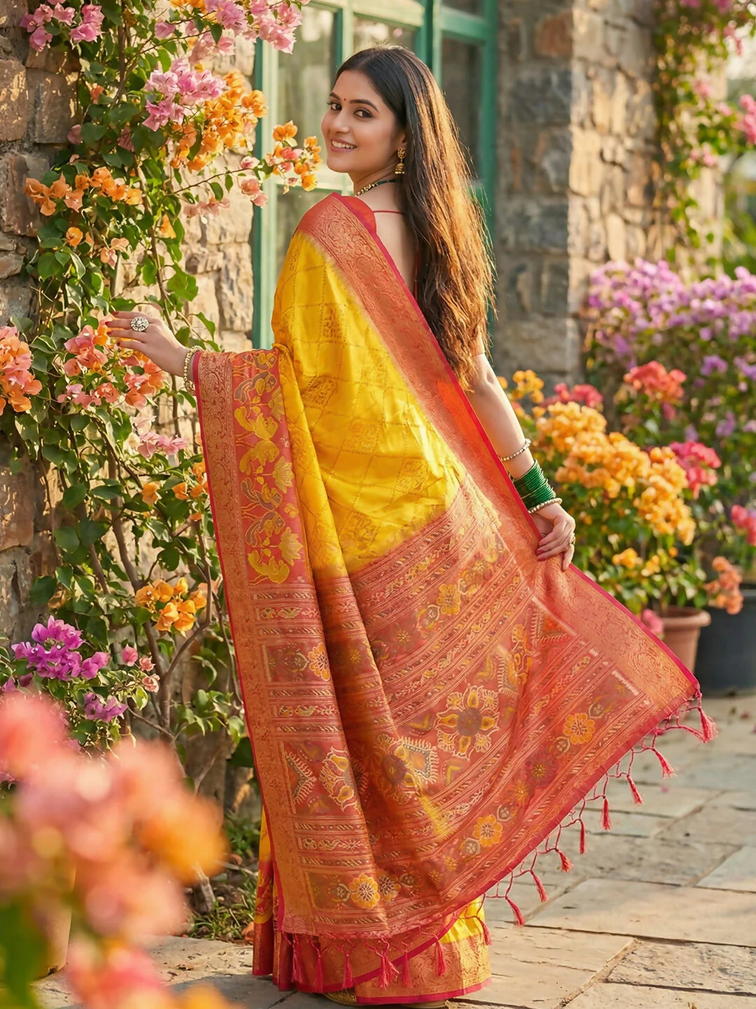 Astita Yellow Pochampally Silk Saree - Image 3