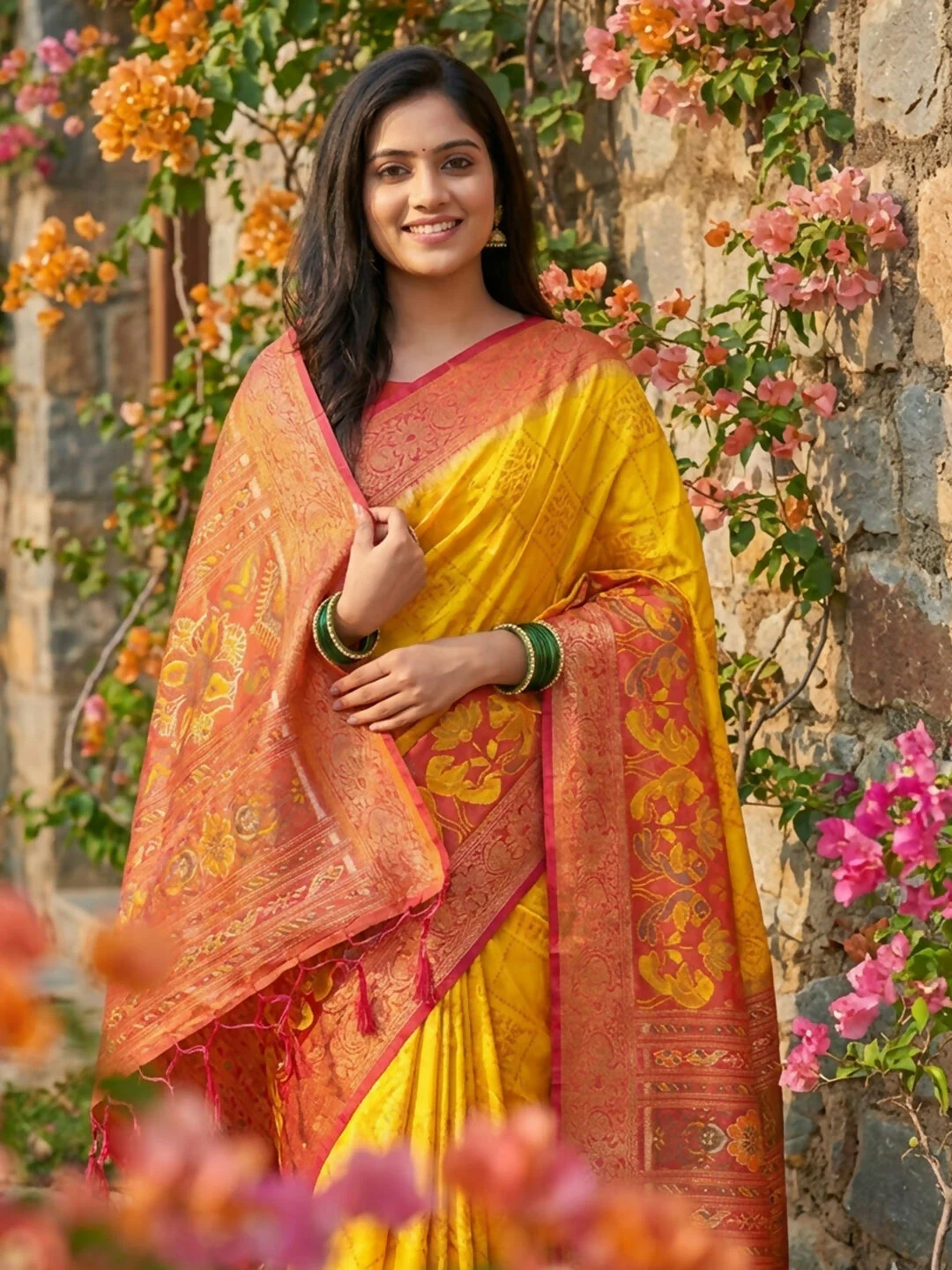 Astita Yellow Pochampally Silk Saree - Image 4