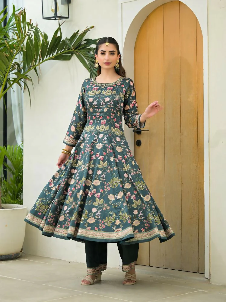 Functional Designer Green Jam Silk Anarkali suit with Dupatta-Anbazaar - Image 3