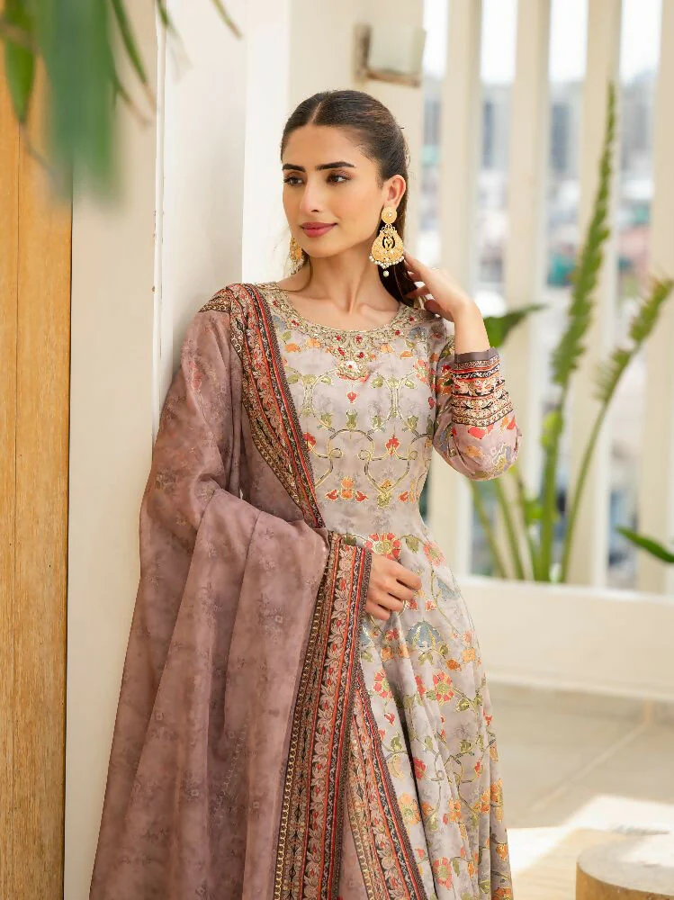 Functional Designer Grey Jam Silk Anarkali suit with Dupatta-Anbazaar - Image 3