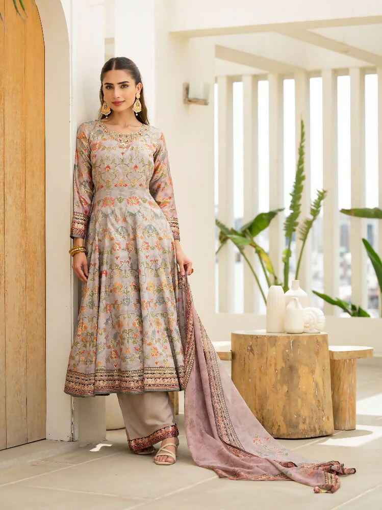 Functional Designer Grey Jam Silk Anarkali suit with Dupatta-Anbazaar - Image 5