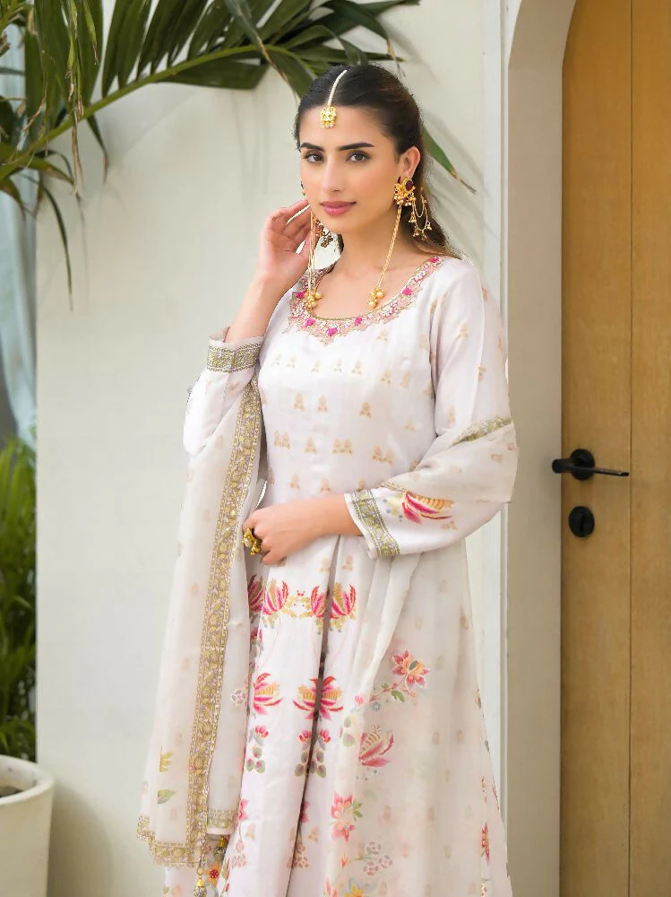 Functional Designer Off white Jam Silk Anarkali suit with Dupatta-Anbazaar - Image 3