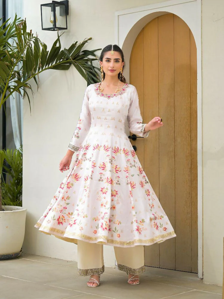 Functional Designer Off white Jam Silk Anarkali suit with Dupatta-Anbazaar - Image 5