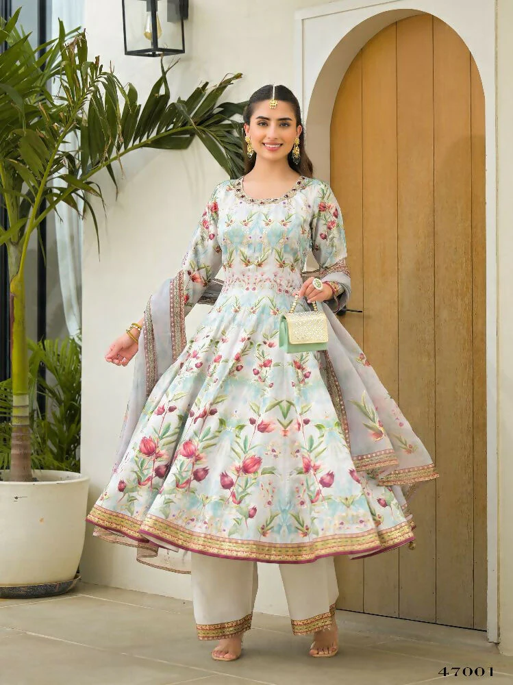 Functional Designer Sky Jam Silk Anarkali suit with Dupatta-Anbazaar - Image 3