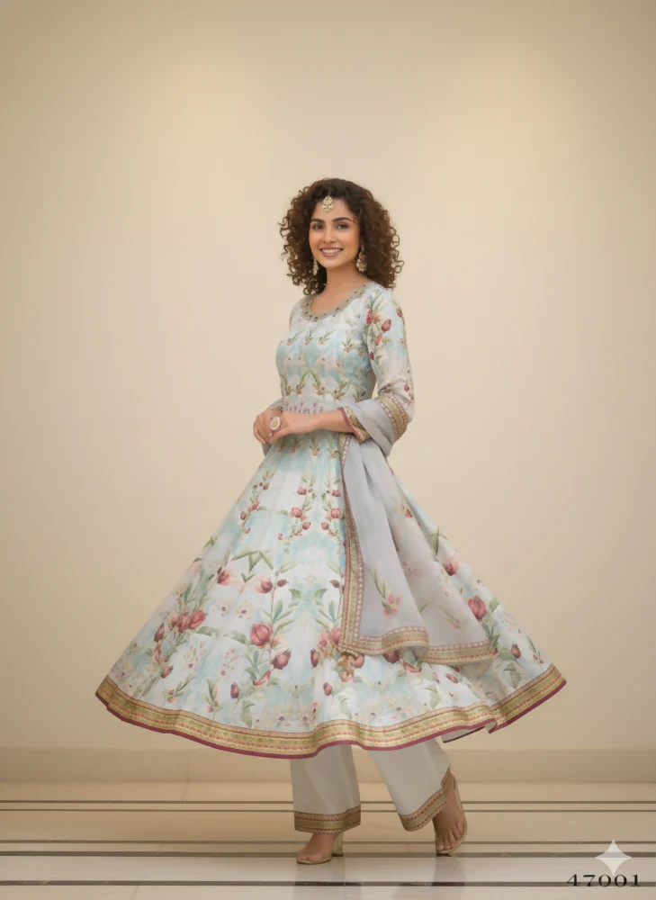 Functional Designer Sky Jam Silk Anarkali suit with Dupatta-Anbazaar - Image 5