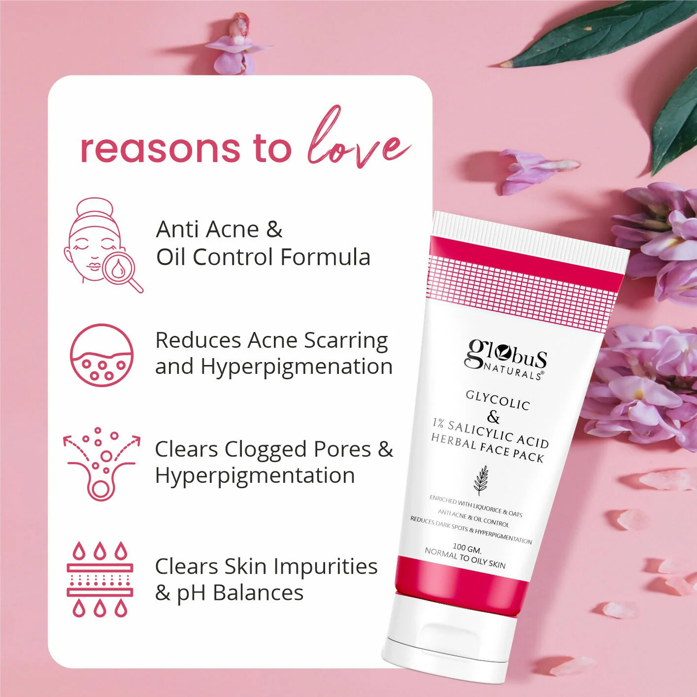Globus Naturals Anti Acne Glycolic & 1 % Salicylic Acid Face Pack, For Acne Prone & Oily Skin - Image 4