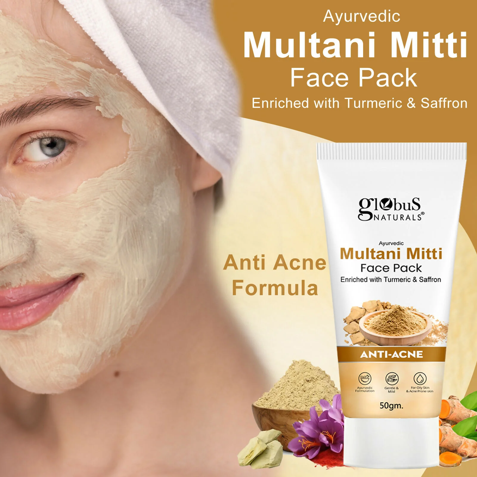 Globus Naturals Anti Acne Multani Mitti Face Pack, For Oily & Acne Prone Skin - Image 3