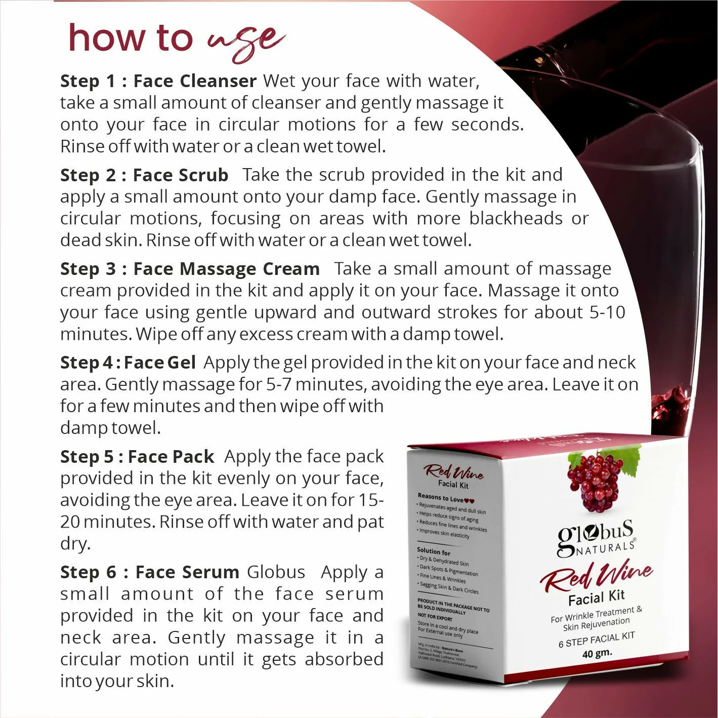 Globus Naturals Anti-Ageing Red Wine 6 Step Facial Kit - Image 7