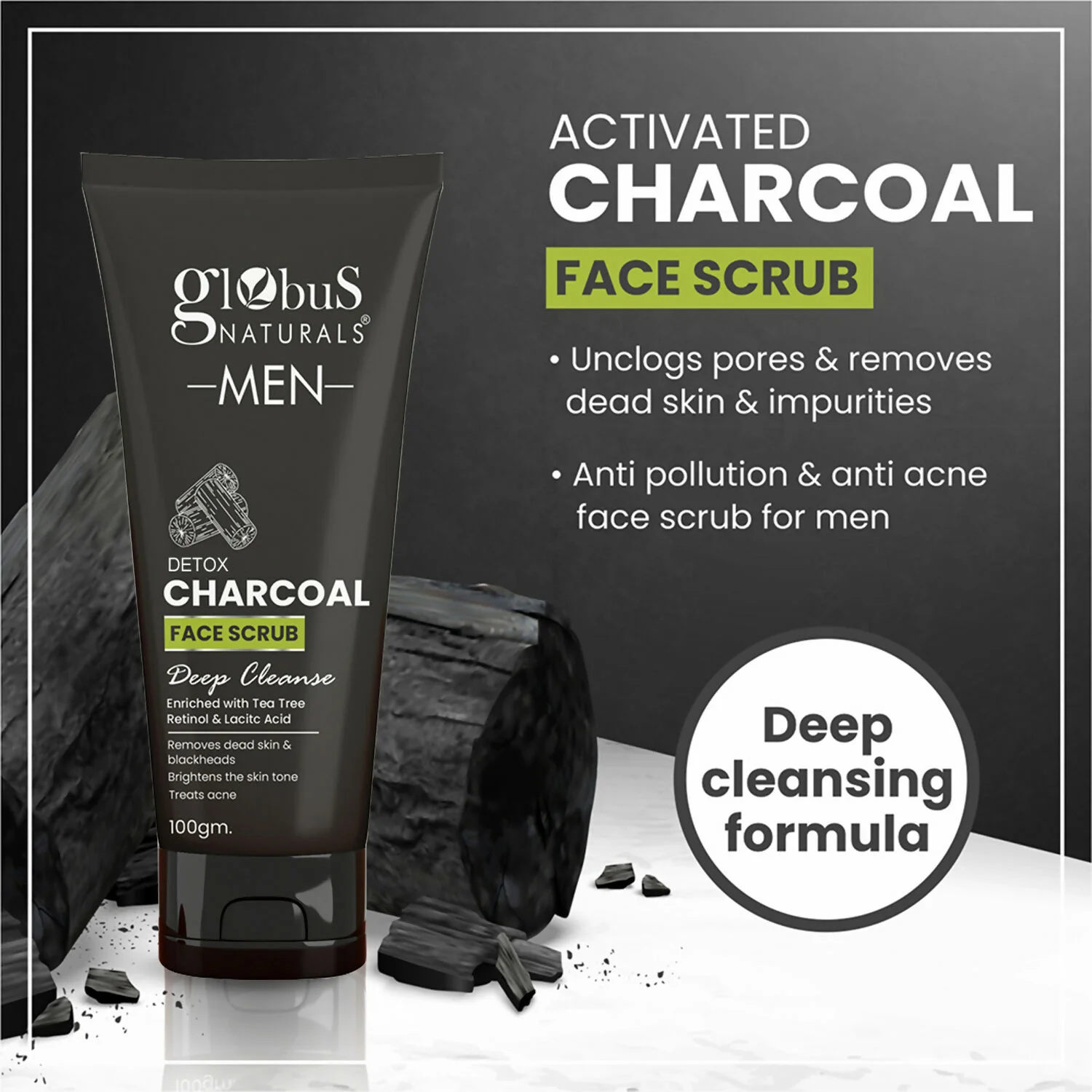 Globus Naturals Anti Pollution & Anti Acne Detox Charcoal Face Scrub for Men - Image 5