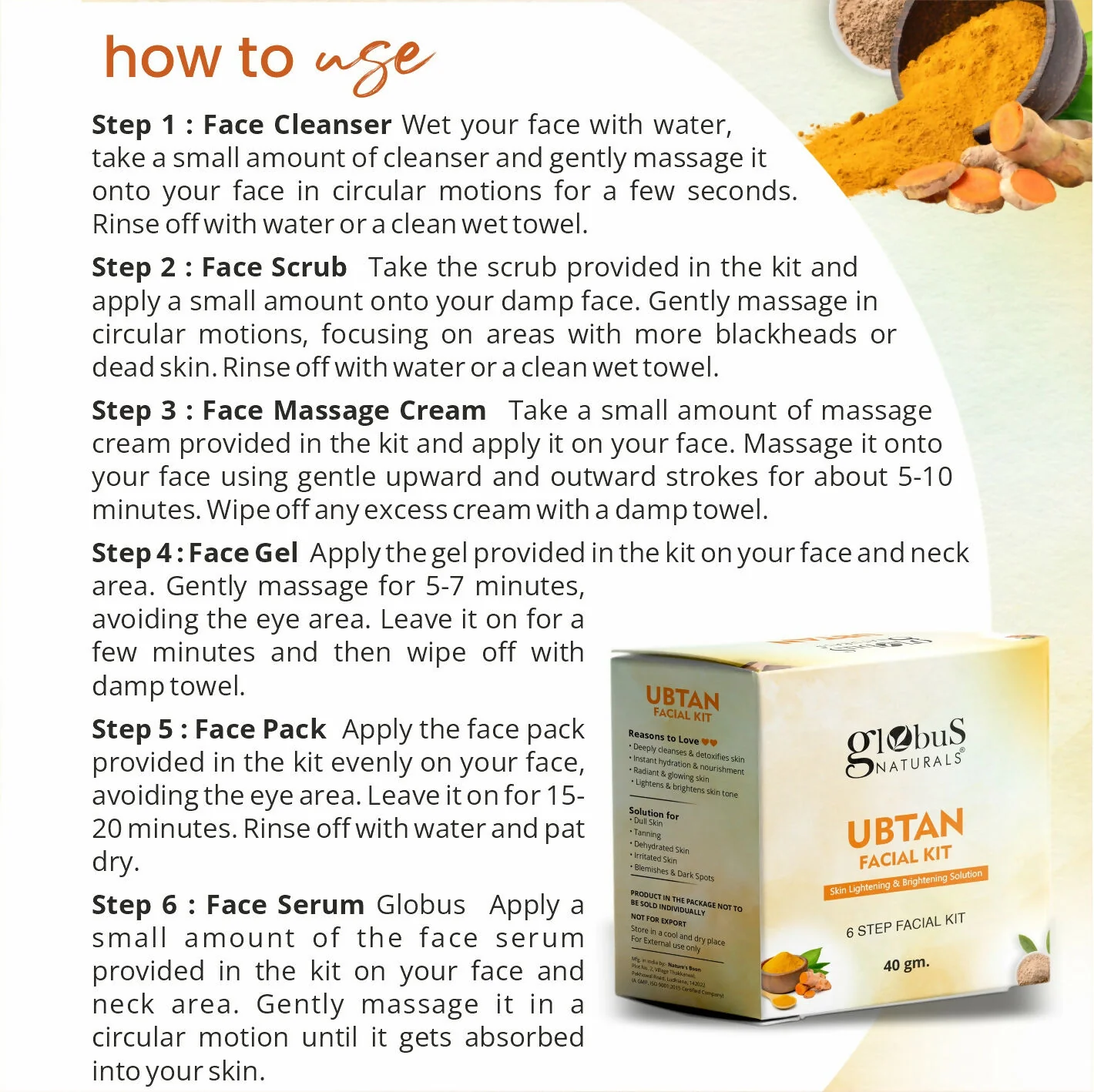 Globus Naturals Brightening Ubtan 6 Step Facial Kit - Image 7
