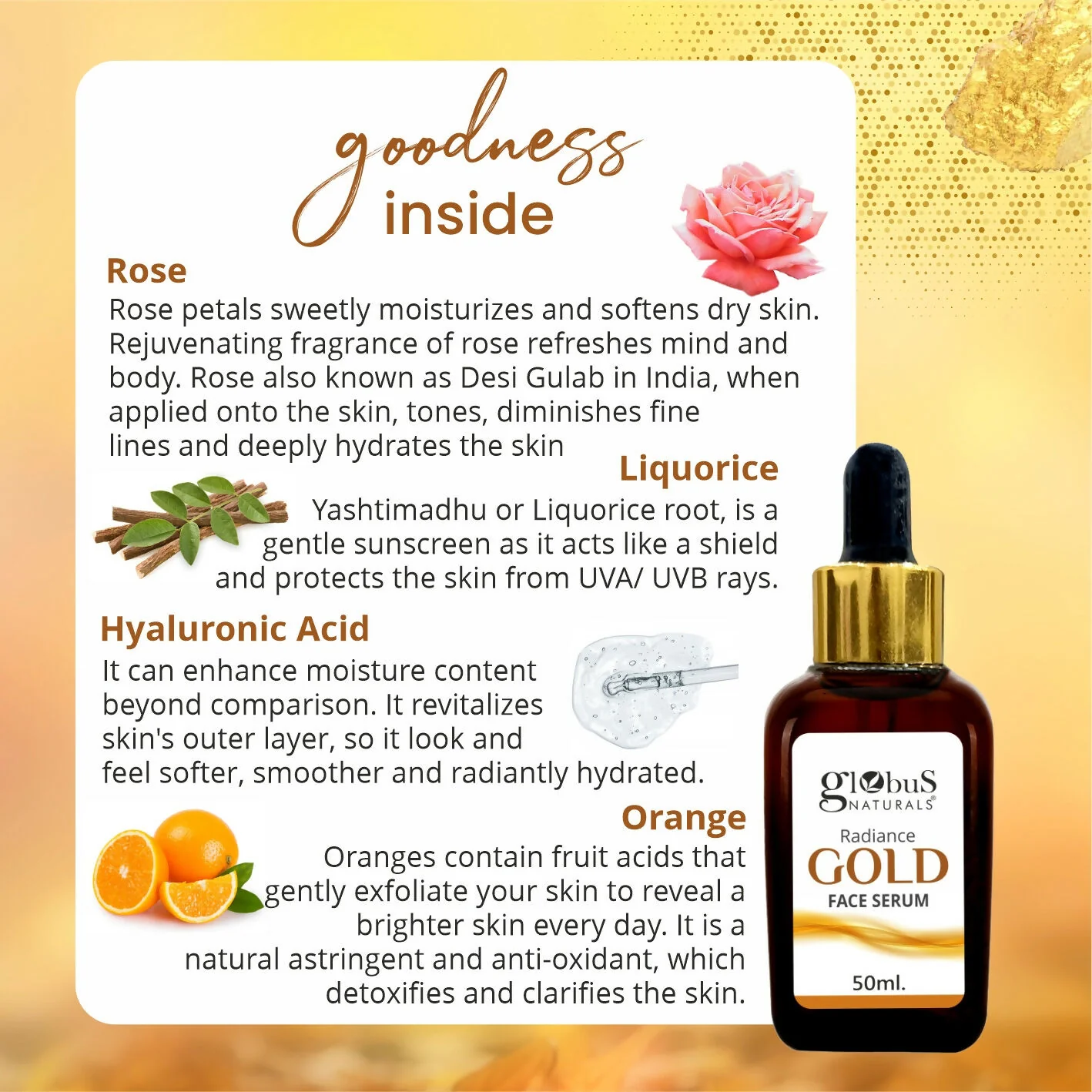 Globus Naturals Gold Radiance Anti Ageing & Brightening Face Serum, Suitable For All Skin Types - Image 3