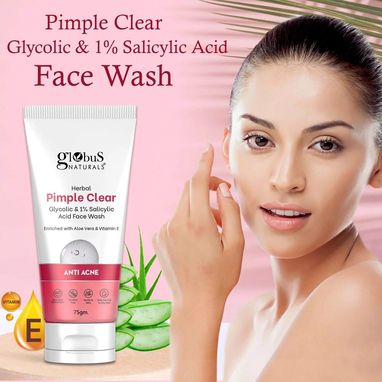 Globus Naturals Herbal Pimple Clear Glycolic & 1% Salicylic Acid Face Wash - Image 3