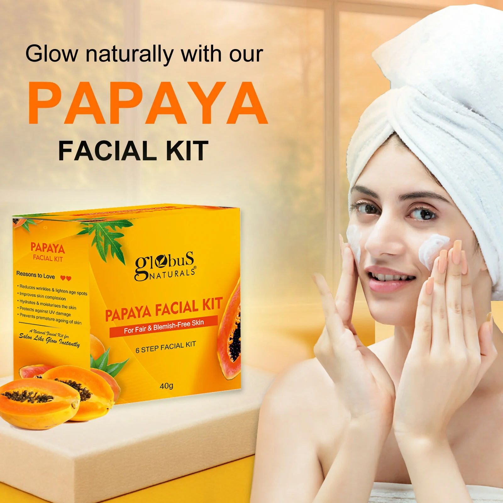 Globus Naturals Papaya Facial Kit For Blemish Free Skin & Anti-Pigmentation, 6 Steps - Image 4