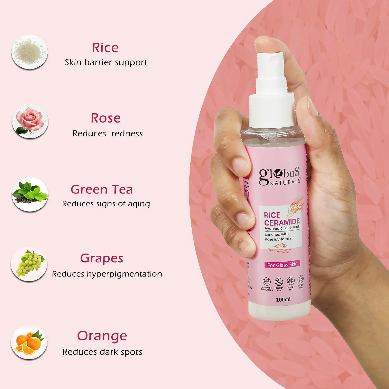 Globus Naturals Rice Ceramide Ayurvedic Face Toner, For Korean Glass Skin - Image 5