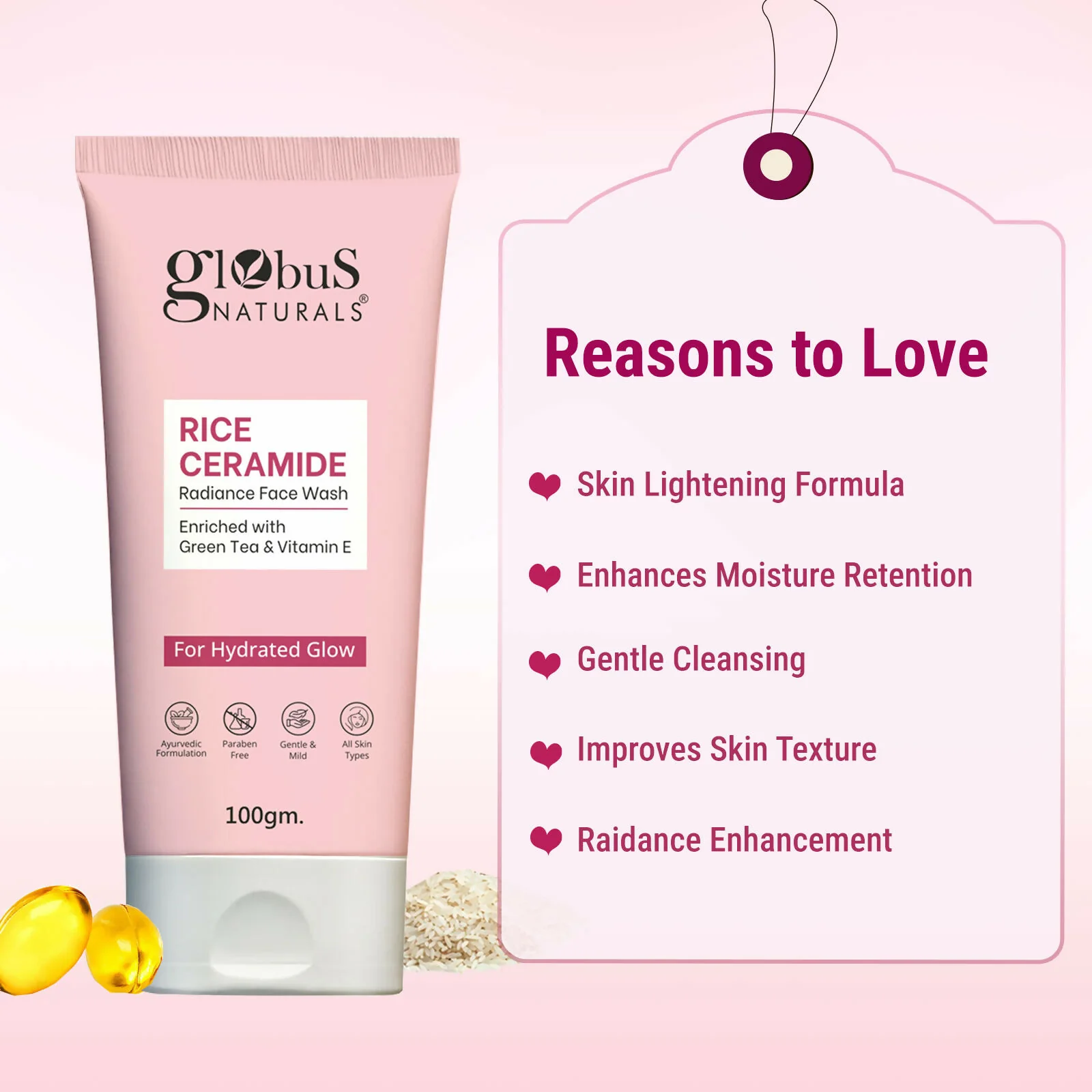 Globus Naturals Rice Ceramide Face Wash For Hydrated Glow, Enriched with Green Tea & Vitamin E - Image 4