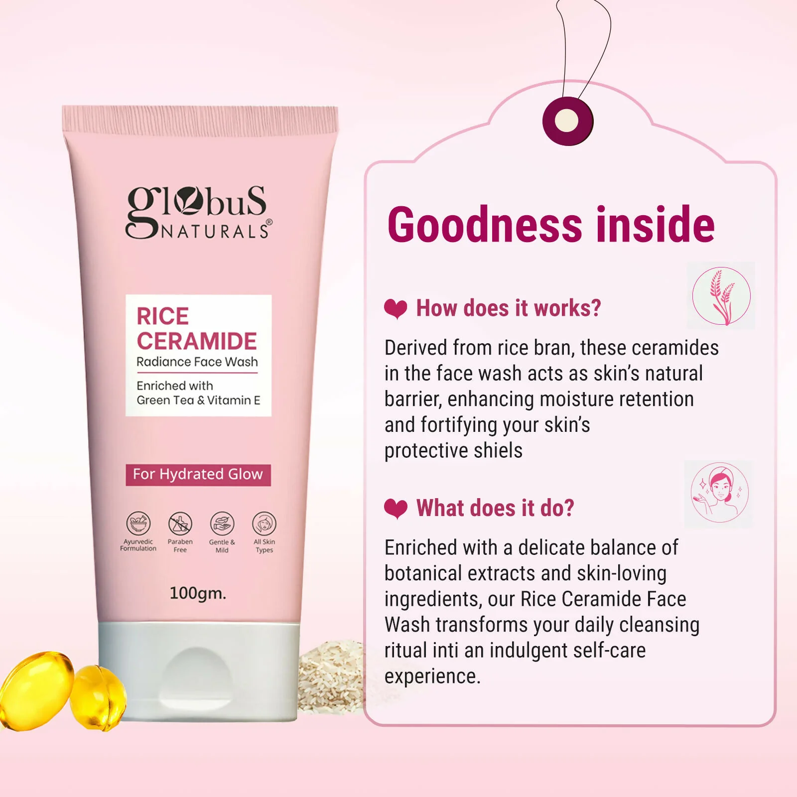 Globus Naturals Rice Ceramide Face Wash For Hydrated Glow, Enriched with Green Tea & Vitamin E - Image 5