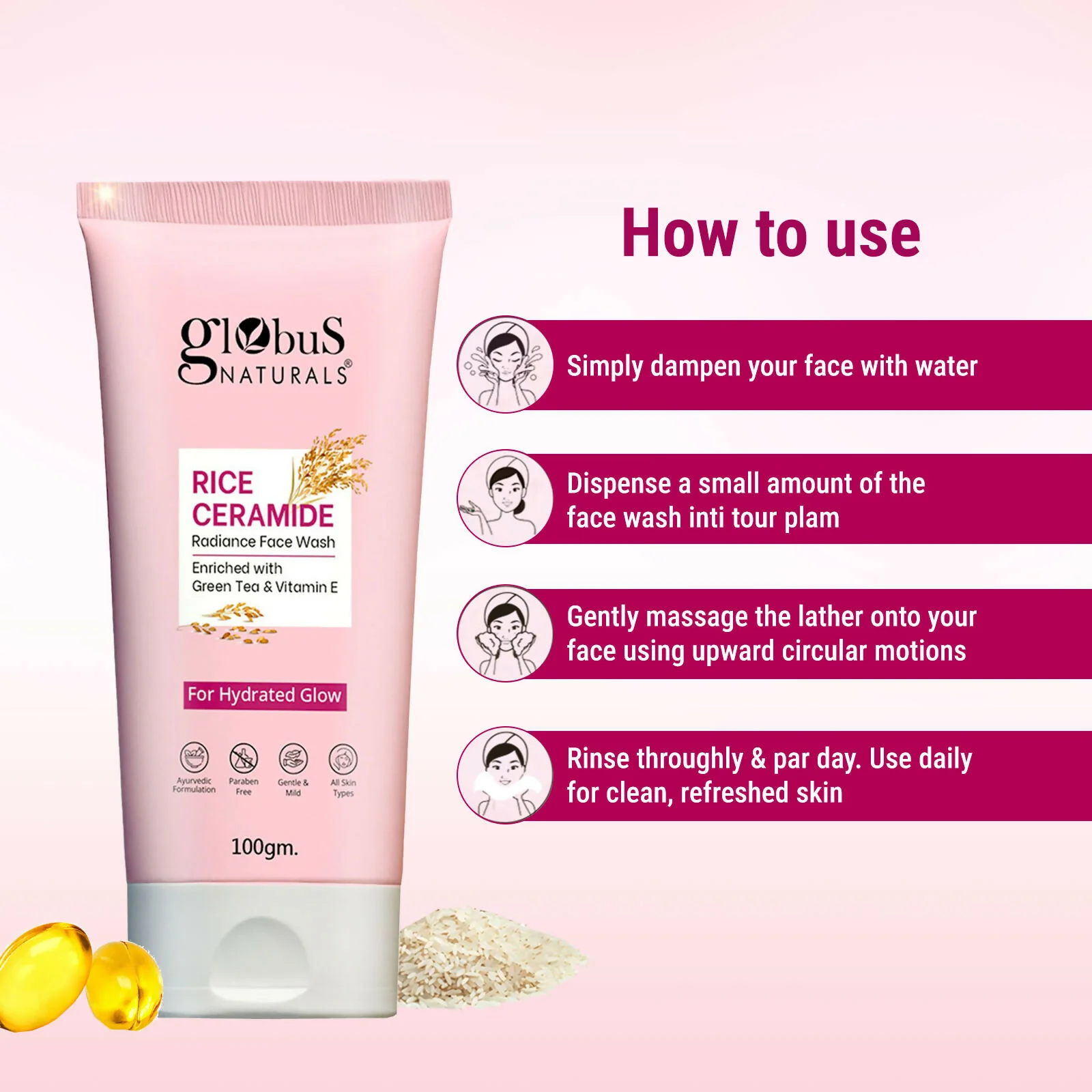 Globus Naturals Rice Ceramide Face Wash For Hydrated Glow, Enriched with Green Tea & Vitamin E - Image 7