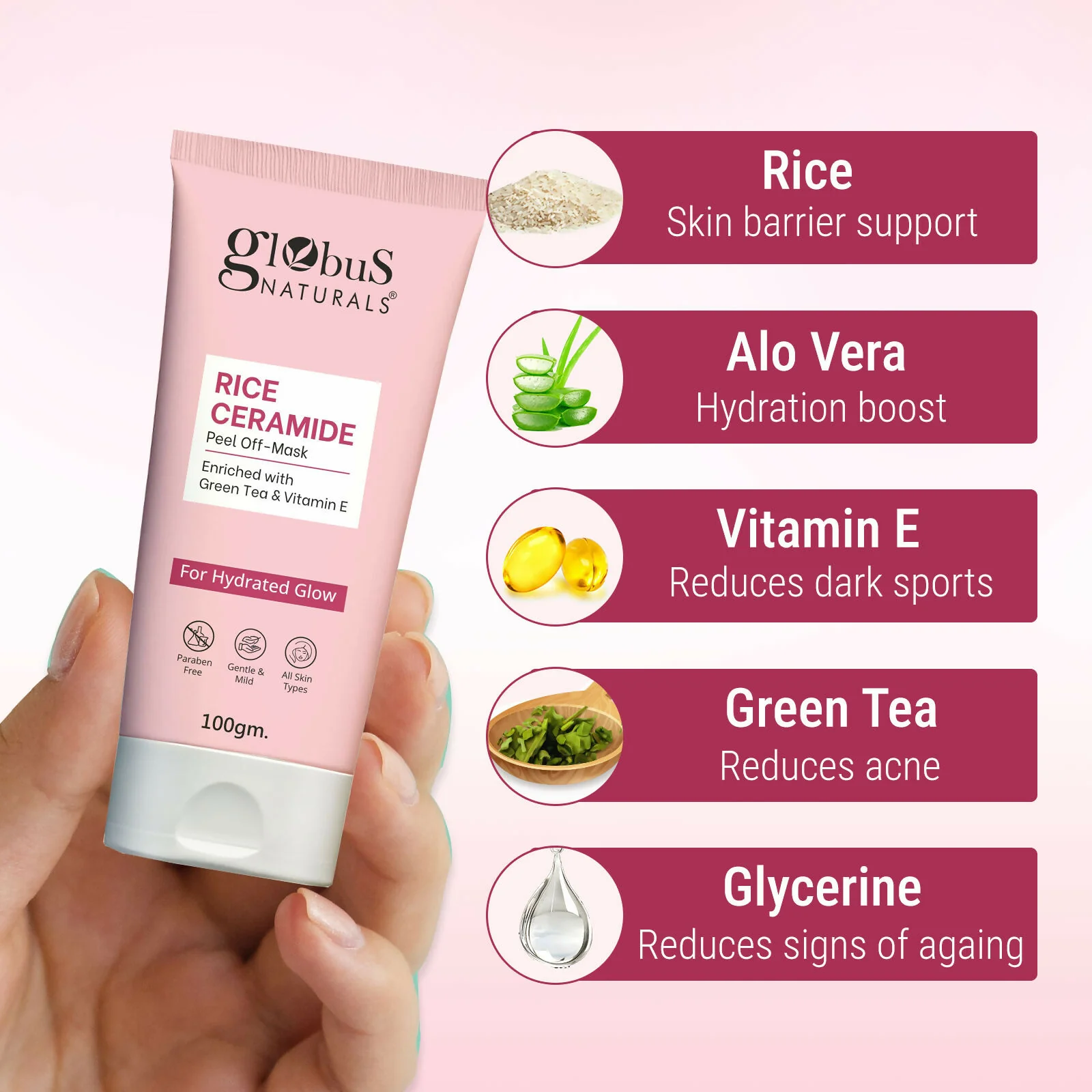 Globus Naturals Rice Ceramide Peel Off Mask, For Hydrated Glow Skin - Image 5