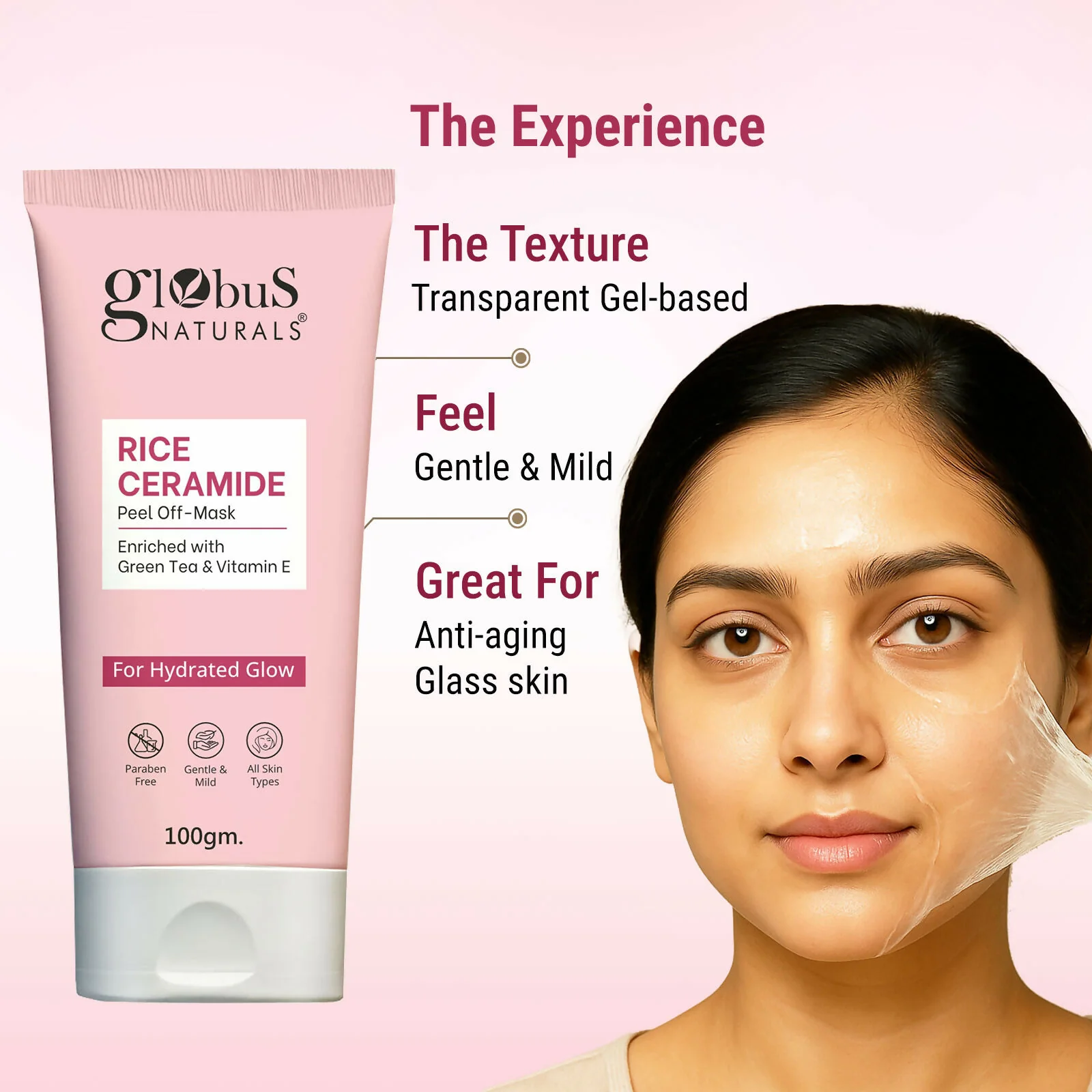 Globus Naturals Rice Ceramide Peel Off Mask, For Hydrated Glow Skin - Image 6