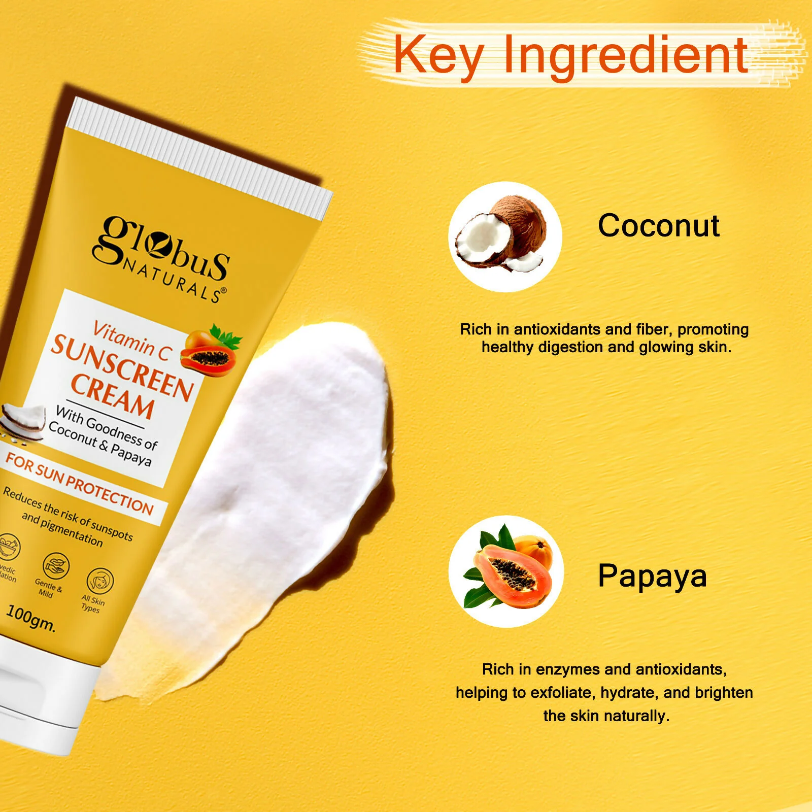 Globus Naturals Vitamin C Sunscreen Cream with Goodness of Coconut & Papaya For Sun Protection All Skin Types - Image 6