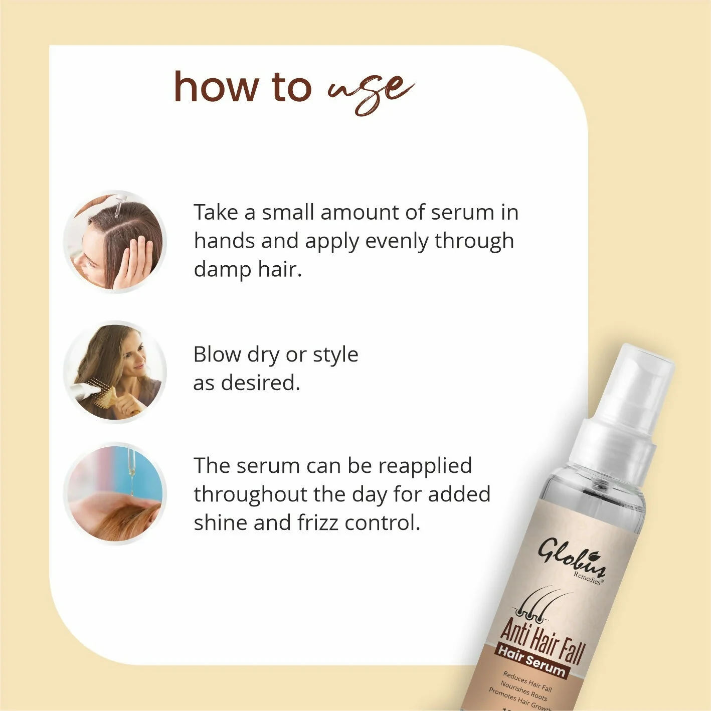 Globus Remedies Anti-Hair Fall Hair Serum, For Frizzy Hair, Smoothens Rough Ends, Adds Instant Shine - Image 5
