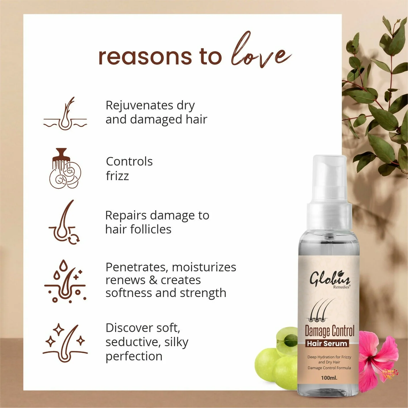 Globus Remedies Damage Control Hair Serum, For Frizzy Hair, Smoothens Rough Ends, Adds Instant Shine,100ml - Image 3
