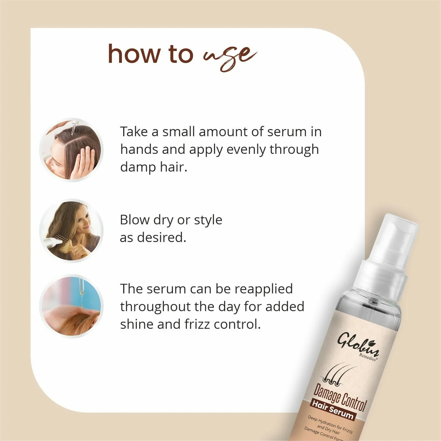 Globus Remedies Damage Control Hair Serum, For Frizzy Hair, Smoothens Rough Ends, Adds Instant Shine,100ml - Image 5