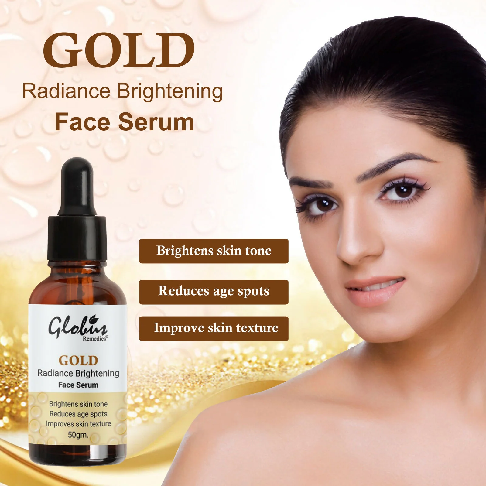 Globus Remedies Gold Radiance Anti Aging Face Serum, For Skin Lightening & Dark Spots Removal - Image 3