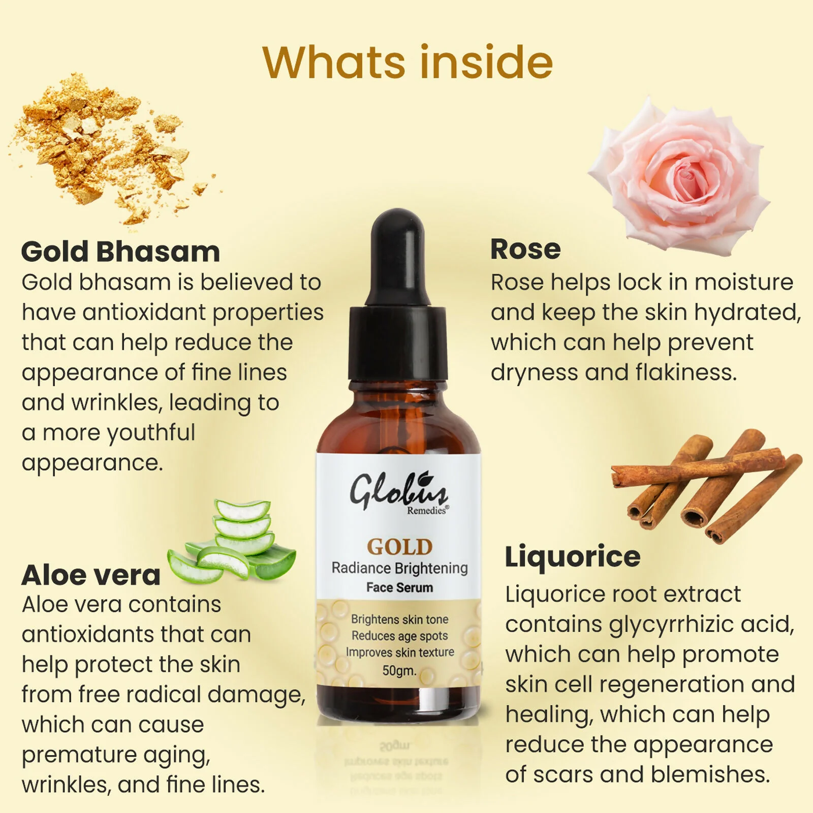 Globus Remedies Gold Radiance Anti Aging Face Serum, For Skin Lightening & Dark Spots Removal - Image 5