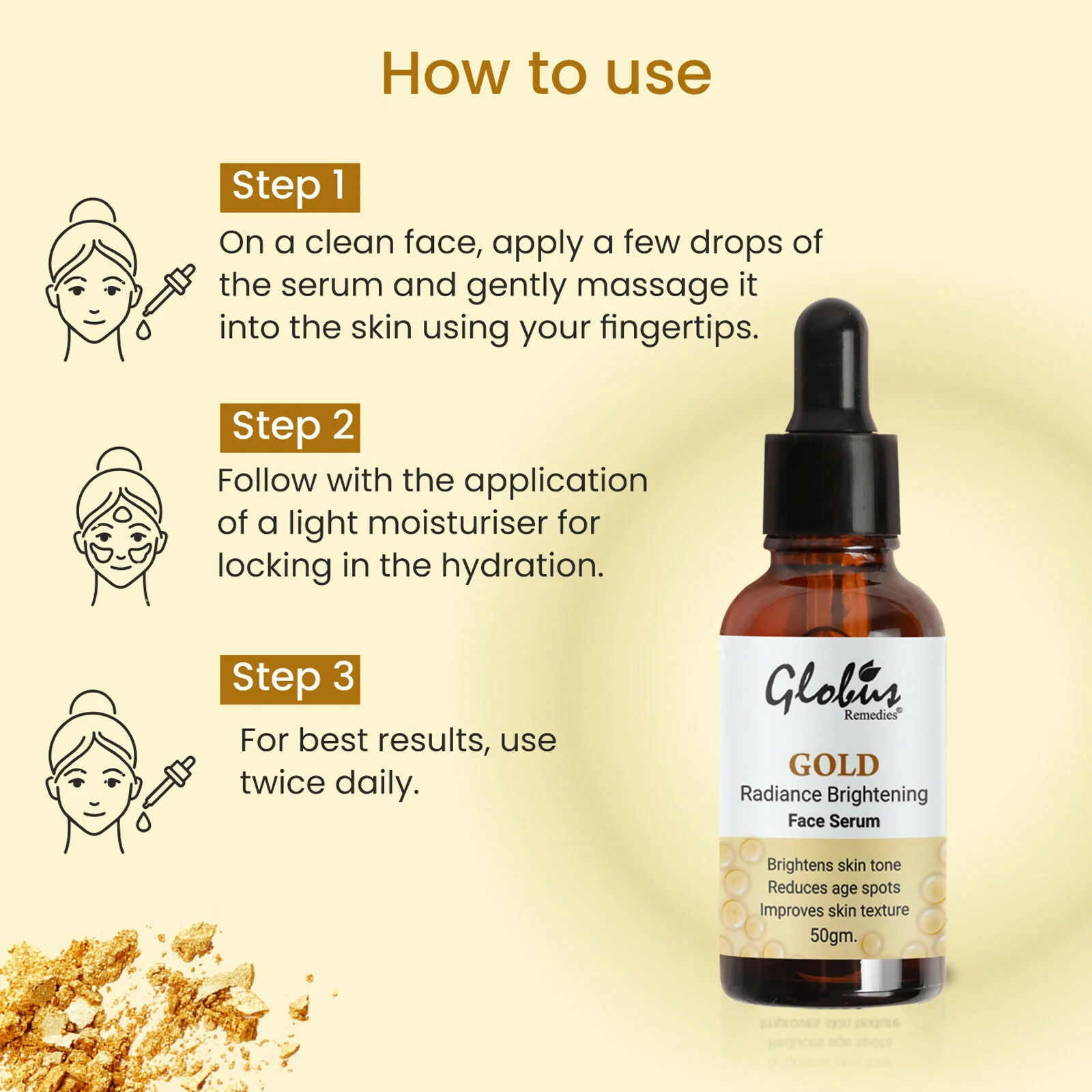 Globus Remedies Gold Radiance Anti Aging Face Serum, For Skin Lightening & Dark Spots Removal - Image 6