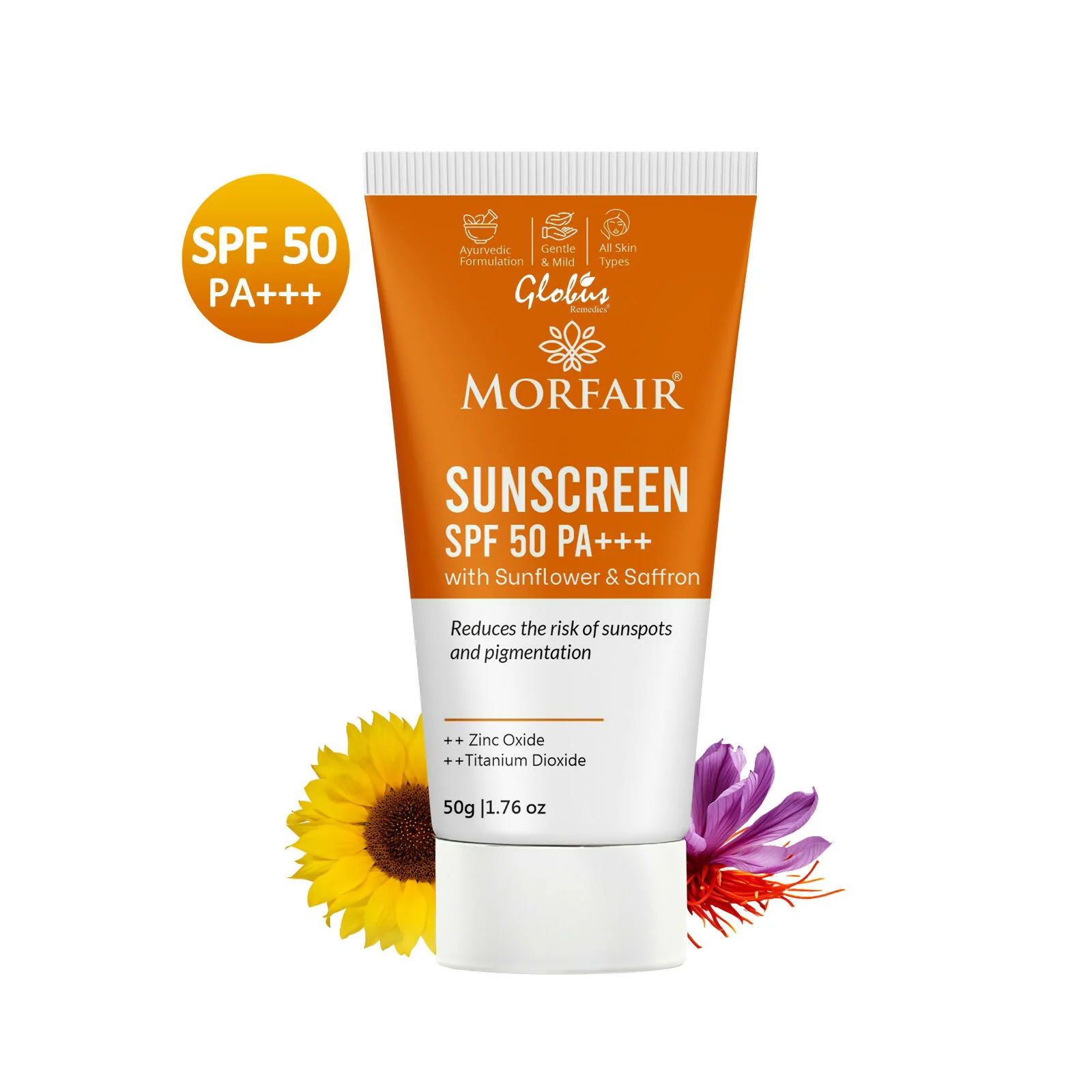 Globus Remedies Morfair Sunscreen SPF 50 PA+++ with Sunflower & Saffron For Reduces Sunspots & Pigmentation - Image 3