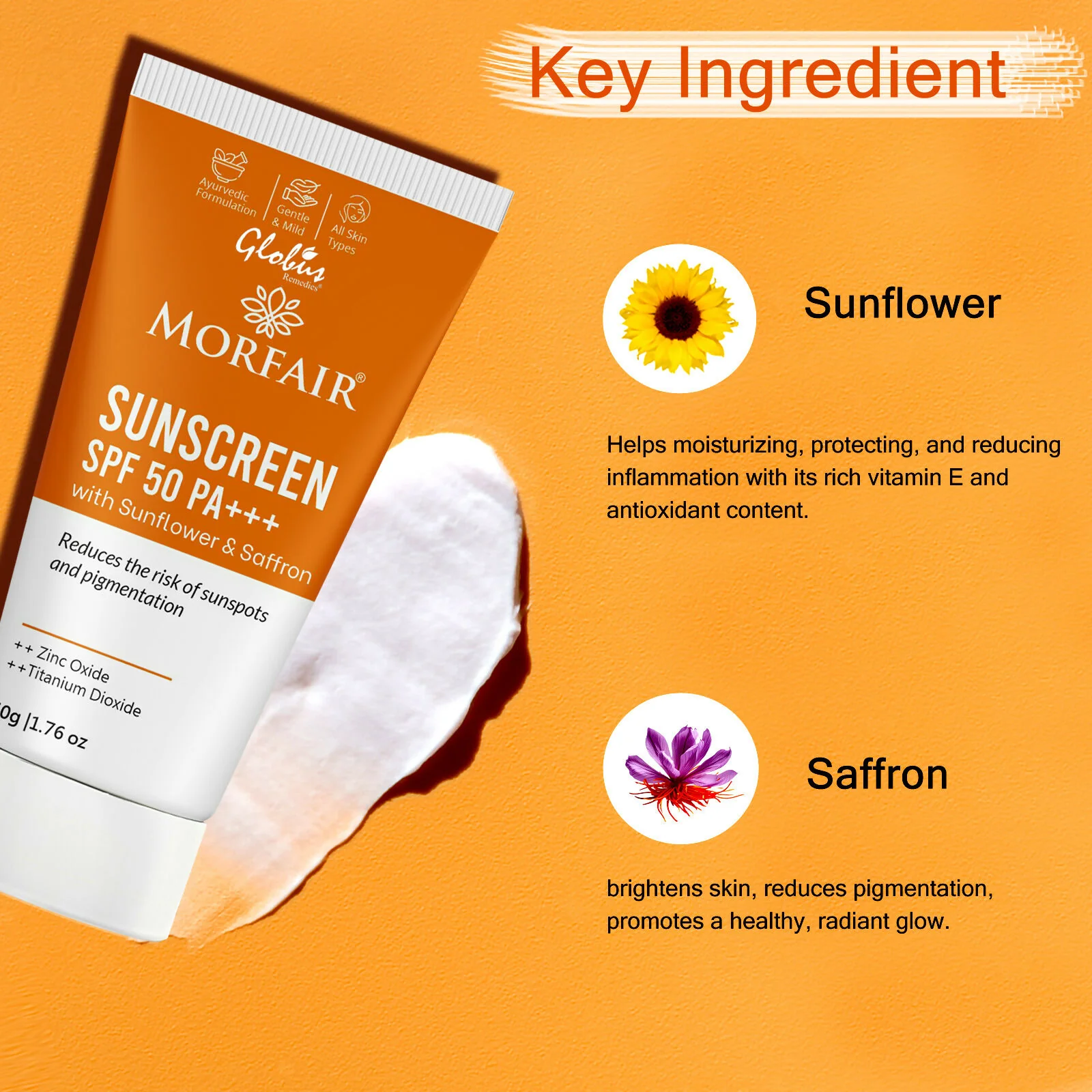 Globus Remedies Morfair Sunscreen SPF 50 PA+++ with Sunflower & Saffron For Reduces Sunspots & Pigmentation - Image 5