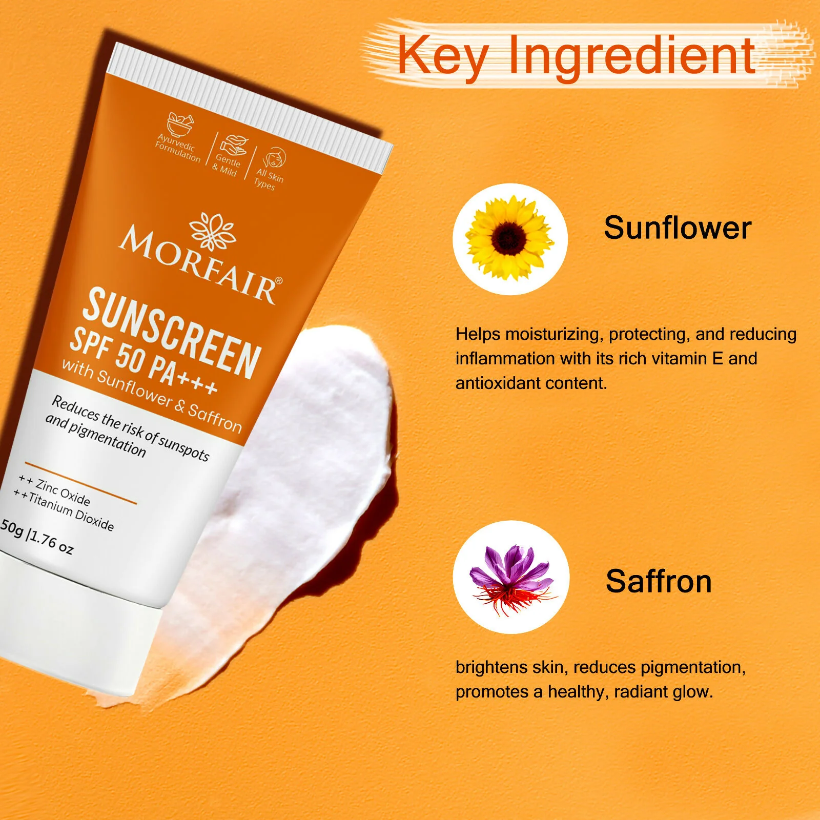 Globus Remedies Morfair Sunscreen SPF 50 PA+++ with Sunflower & Saffron For Reduces Sunspots & Pigmentation - Image 7