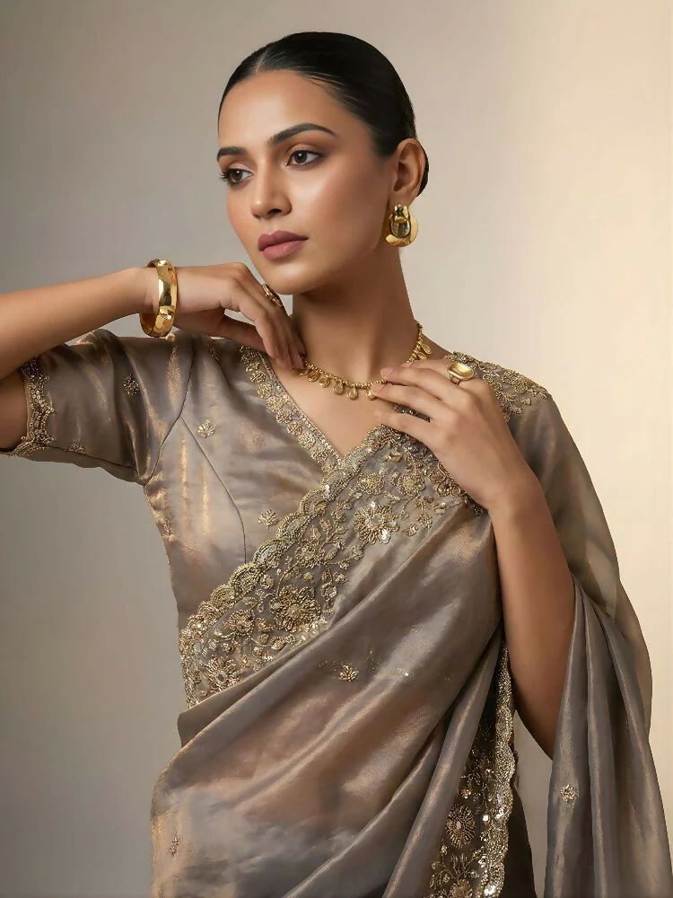 Joban Fashion Beige Fandy Satin Silk Party Wear Sarees - Image 3