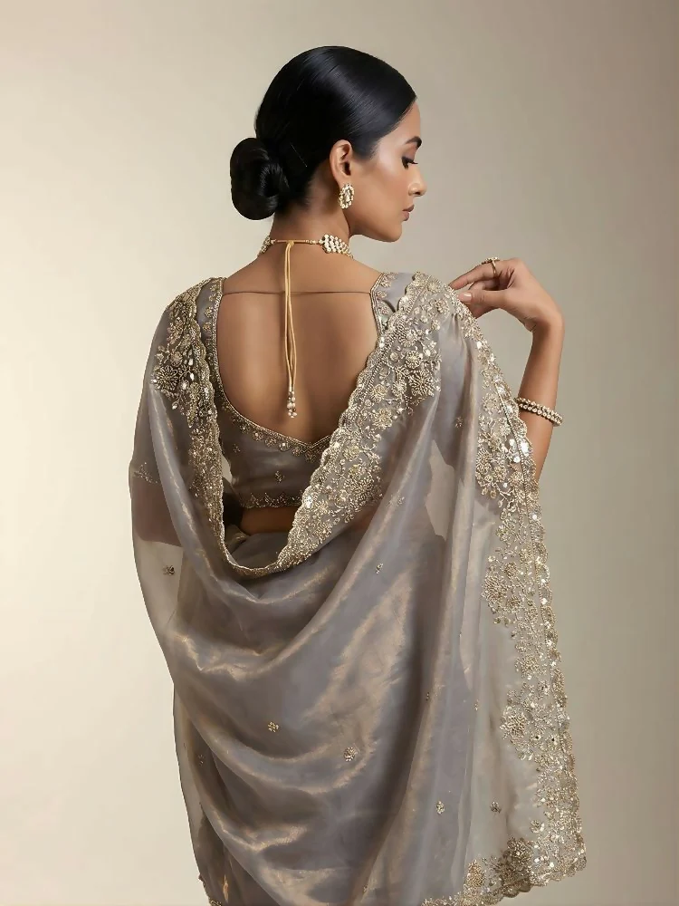 Joban Fashion Beige Fandy Satin Silk Party Wear Sarees - Image 5