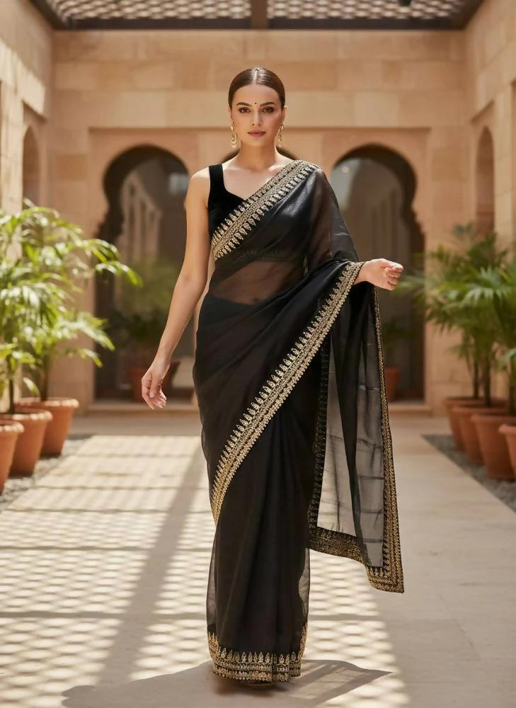 Joban Fashion Black Soft twill Net Party Wear Sarees - Image 2