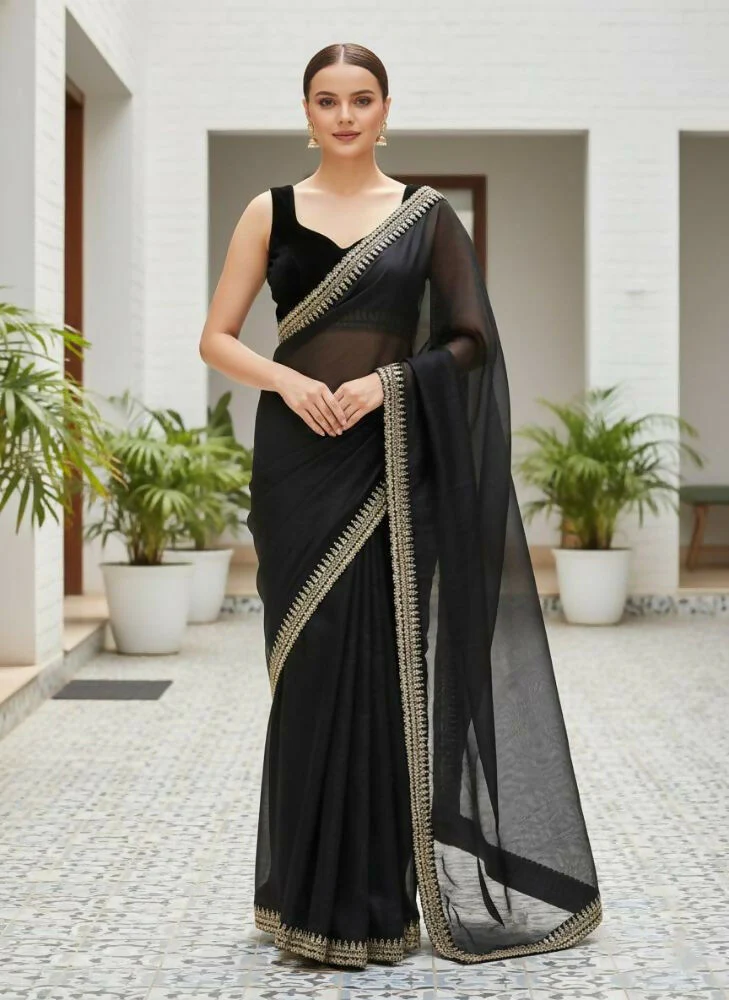 Joban Fashion Black Soft twill Net Party Wear Sarees - Image 6