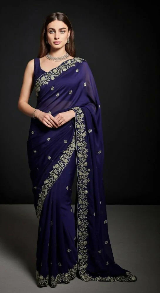 Joban Fashion Blue Fandy Satin Silk Party Wear Sarees