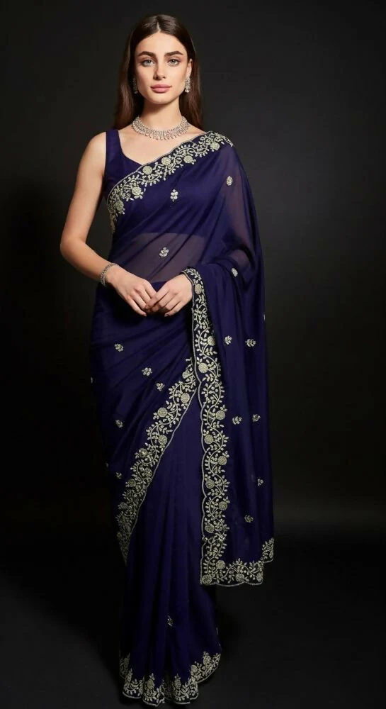 Joban Fashion Blue Fandy Satin Silk Party Wear Sarees - Image 6