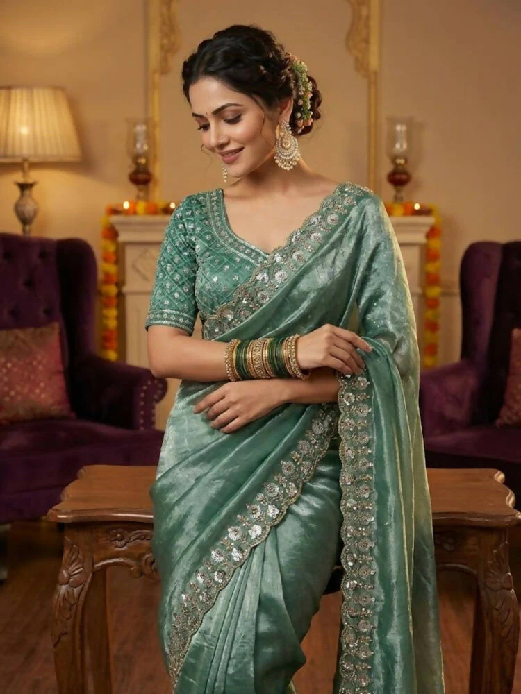 Joban Fashion Green Fandy Satin Silk Party Wear Sarees - Image 2