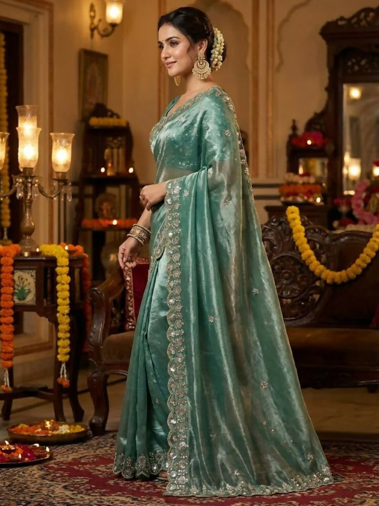Joban Fashion Green Fandy Satin Silk Party Wear Sarees - Image 3