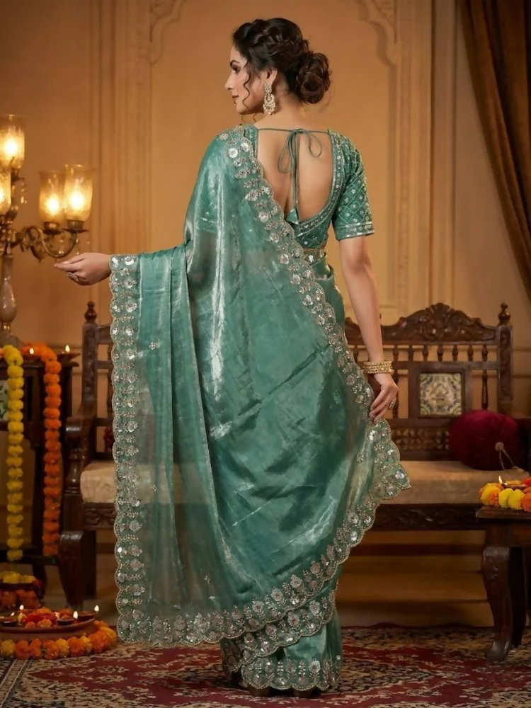 Joban Fashion Green Fandy Satin Silk Party Wear Sarees - Image 4