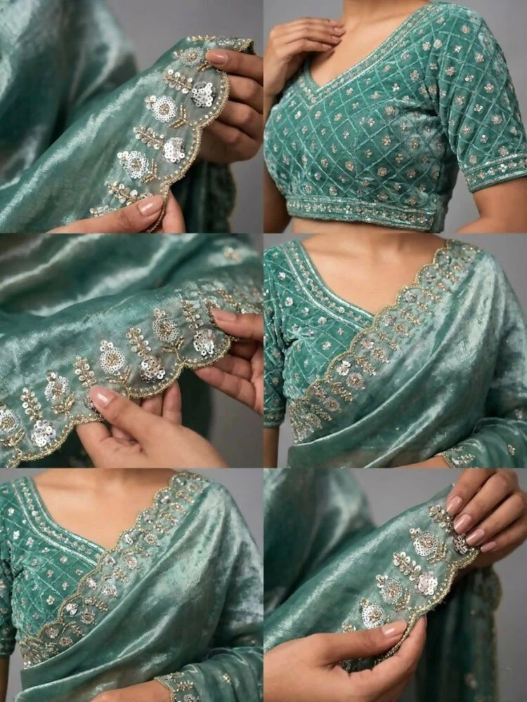 Joban Fashion Green Fandy Satin Silk Party Wear Sarees - Image 5