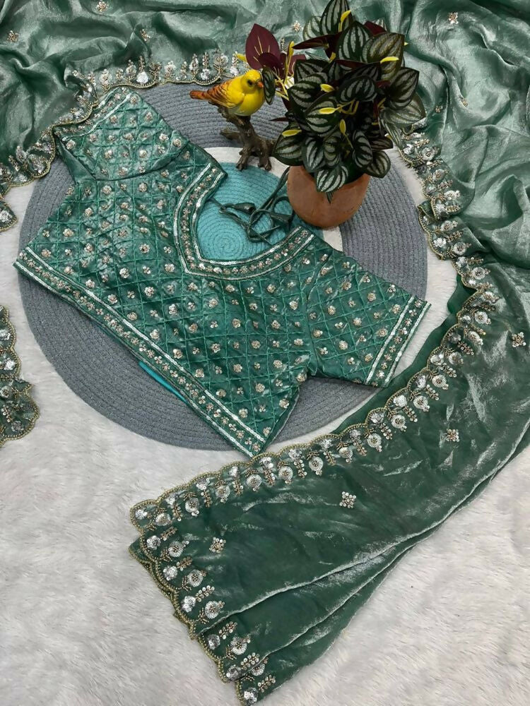 Joban Fashion Green Fandy Satin Silk Party Wear Sarees - Image 7