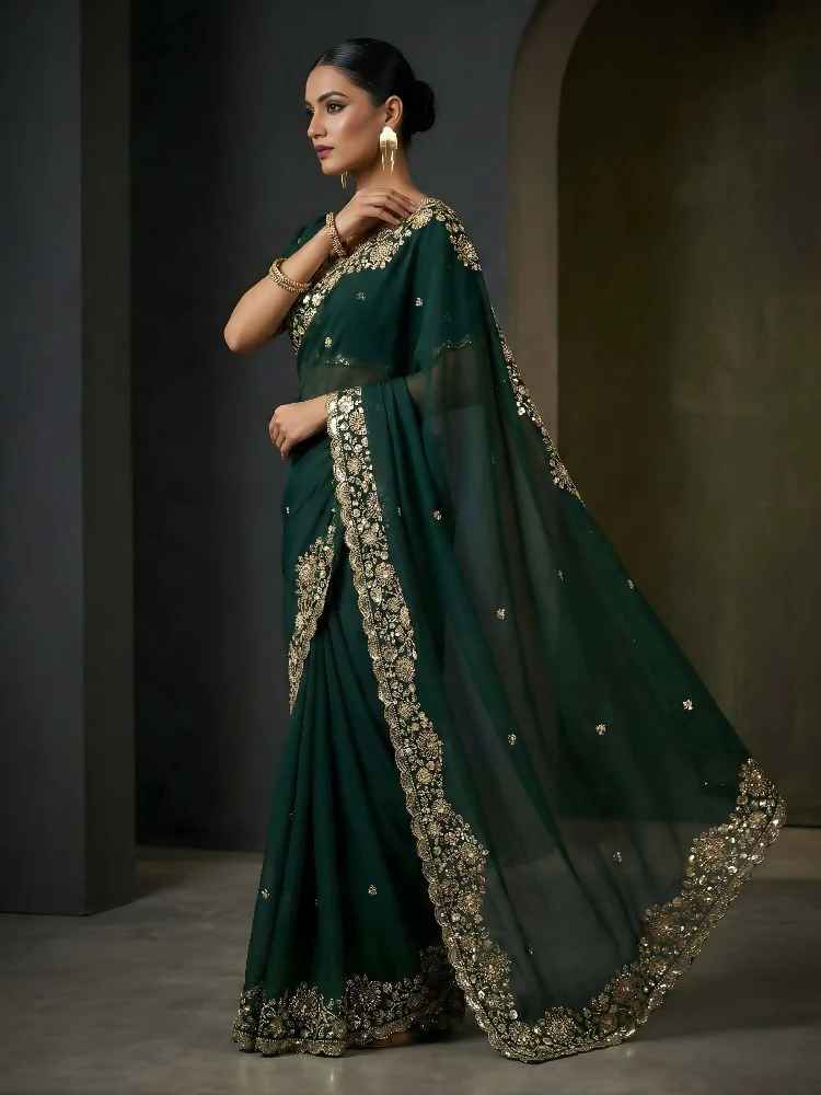 Joban Fashion Green Fandy Satin Silk Party Wear Sarees - Image 2