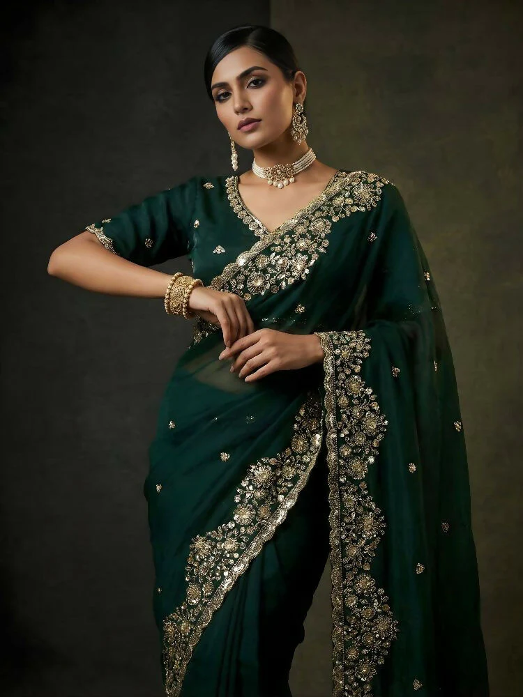 Joban Fashion Green Fandy Satin Silk Party Wear Sarees - Image 3