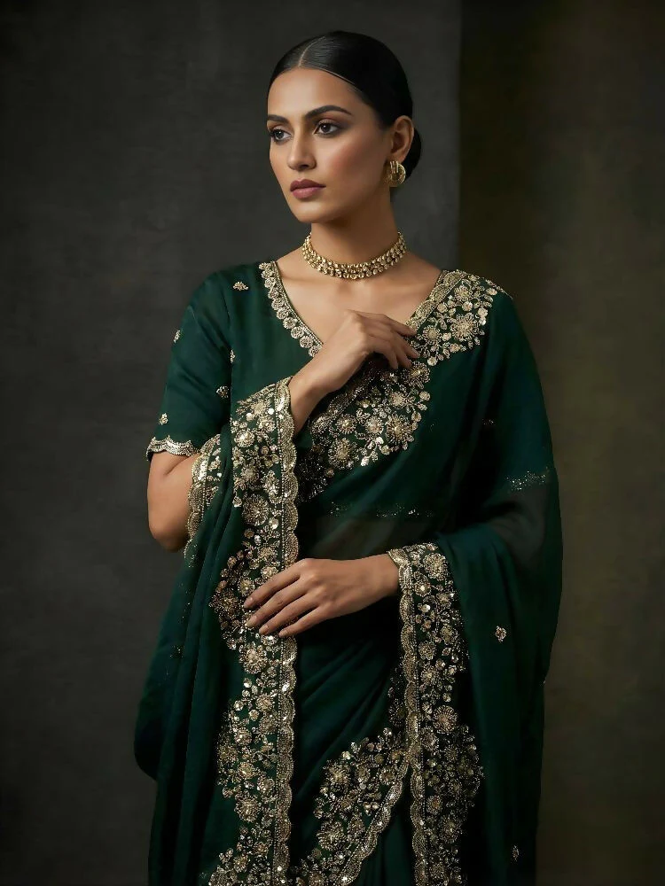 Joban Fashion Green Fandy Satin Silk Party Wear Sarees - Image 5