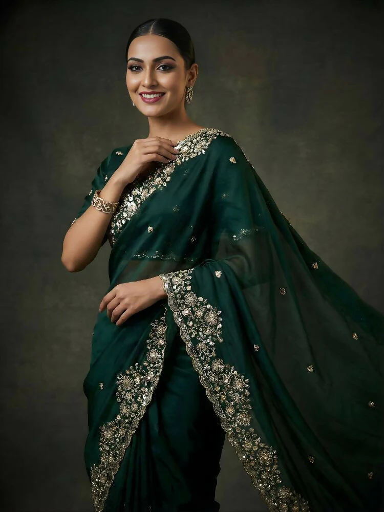 Joban Fashion Green Fandy Satin Silk Party Wear Sarees - Image 7
